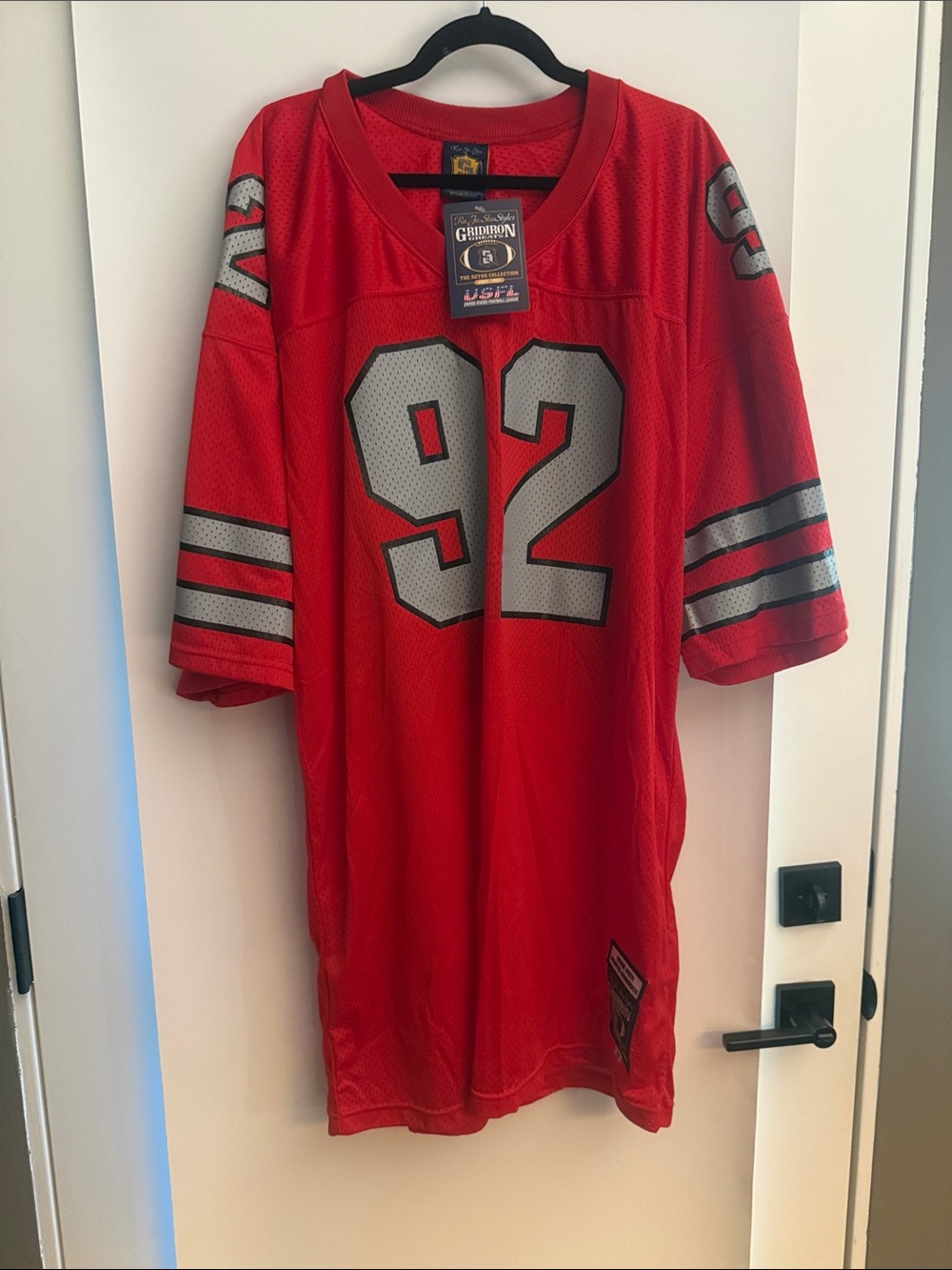 Red #92 Football Jersey with Contrast Gray Numbers